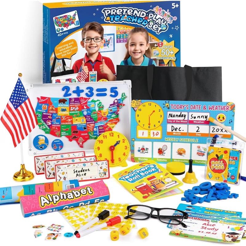 Alritz Pretend Teacher Playset, Role Pretend Play Kids School Toys Kit Include Map, Calendar, White Board Boys Girls Toys, Halloween Christmas Birthday Gift for Ages 5 6 7 8 9 10 11 12 13