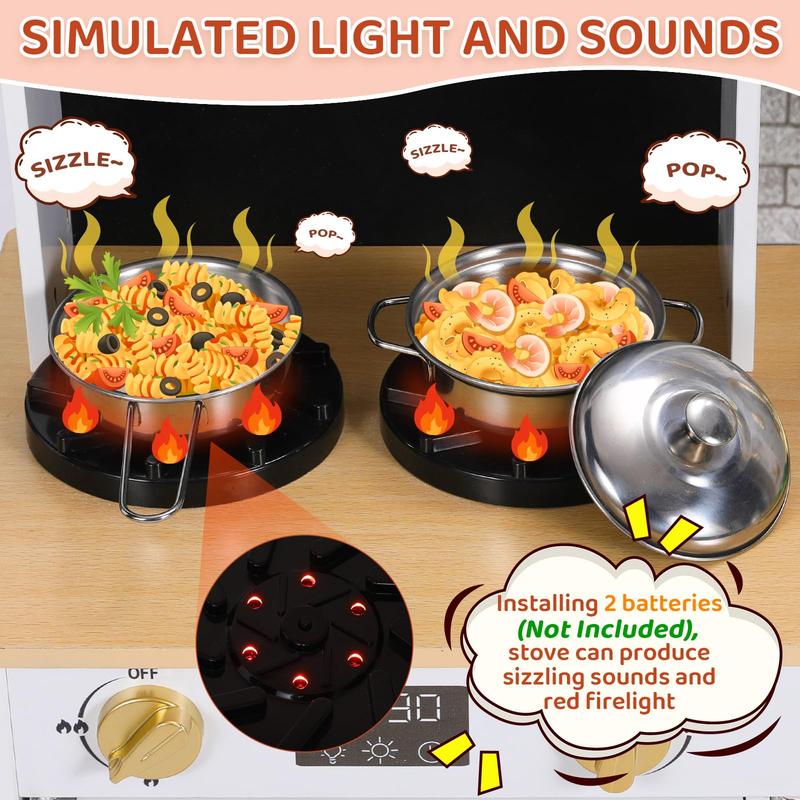 Wooden Pretend Kids Play Kitchen, Toodler Cooking Playset, Stove w Light & Sound, Sink, Microwave, 2 Fabric Boxs, Dishwasher