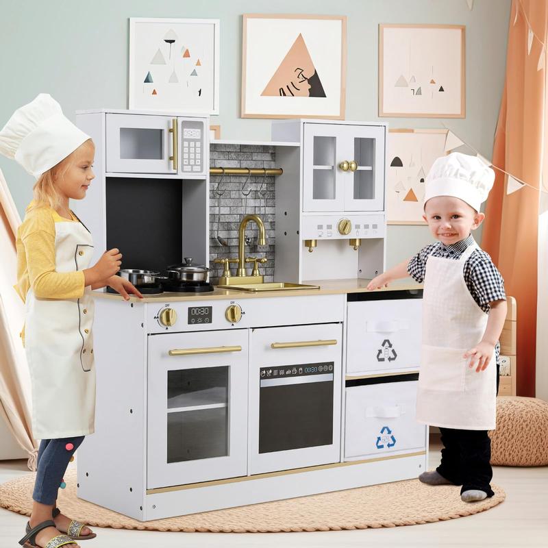 Wooden Pretend Kids Play Kitchen, Toodler Cooking Playset, Stove w Light & Sound, Sink, Microwave, 2 Fabric Boxs, Dishwasher