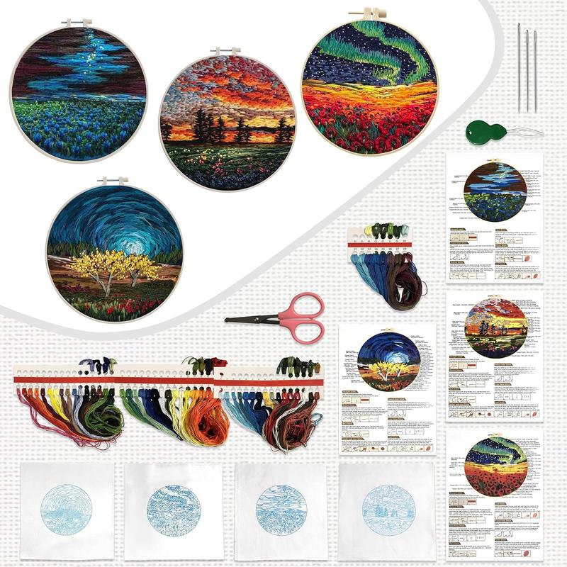 4 Pack Cross Stitch Kits for Beginners with Pattern, Embroidery Hoop and Instructions, Hand Embroidery Starter Kit with Stamped Design for Adults.