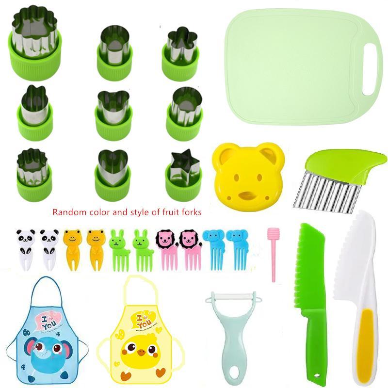 Fruit & Vegetable Cutting Tool & Apron Set for Kids, 28pcs set Multifunctional Cartoon Kitchen Utensils for Boys & Girls [Package List as Picture Shown]