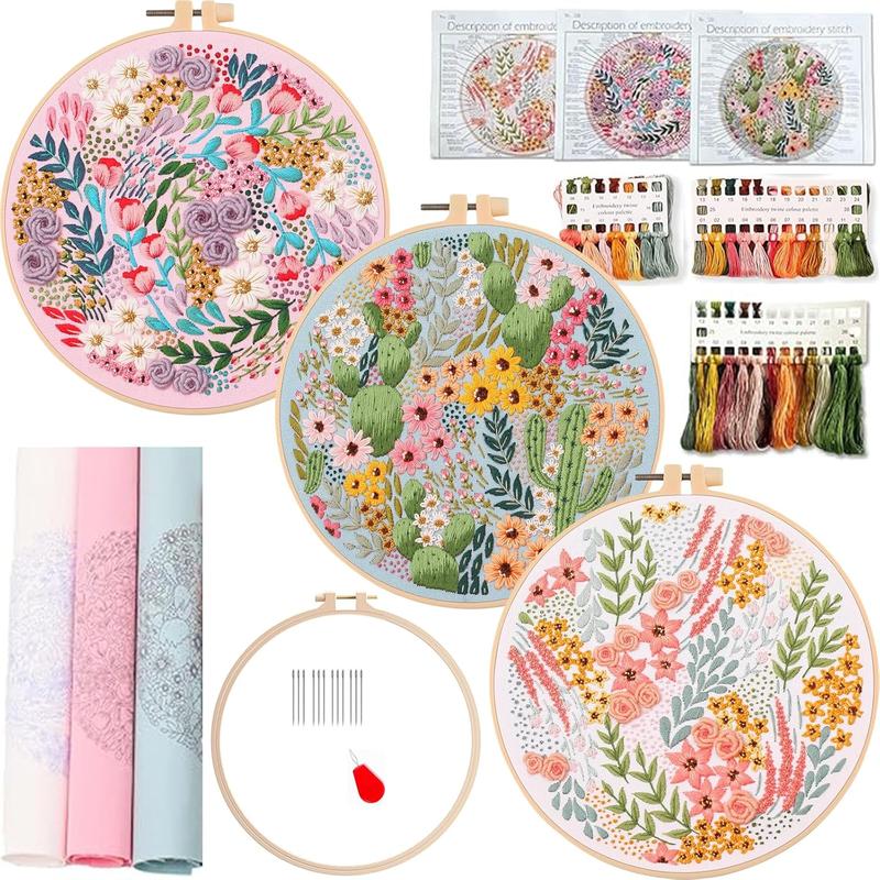 3 count Flower Embroidery kit for Beginners, Embroidery Stitch Practice Kits for Adults with Hoop, DIY Art Project Craft Kit (Flower Stitches), size:b