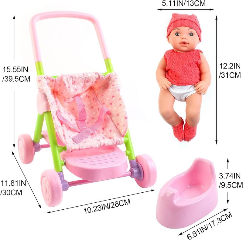 deAO Baby Doll Stroller Set,12 inch Doll Playset with Smooth Rolling 11Pcs Baby Doll Accessories - Great Baby Doll Pretend Toy for 3 4 5 Girls