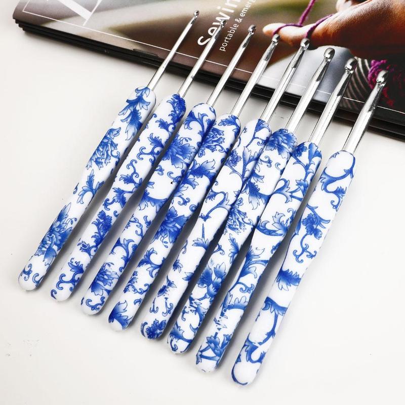 8pcs set Blue and White Porcelain Pattern Crochet Hook Set, Crochet Supplies For DIY