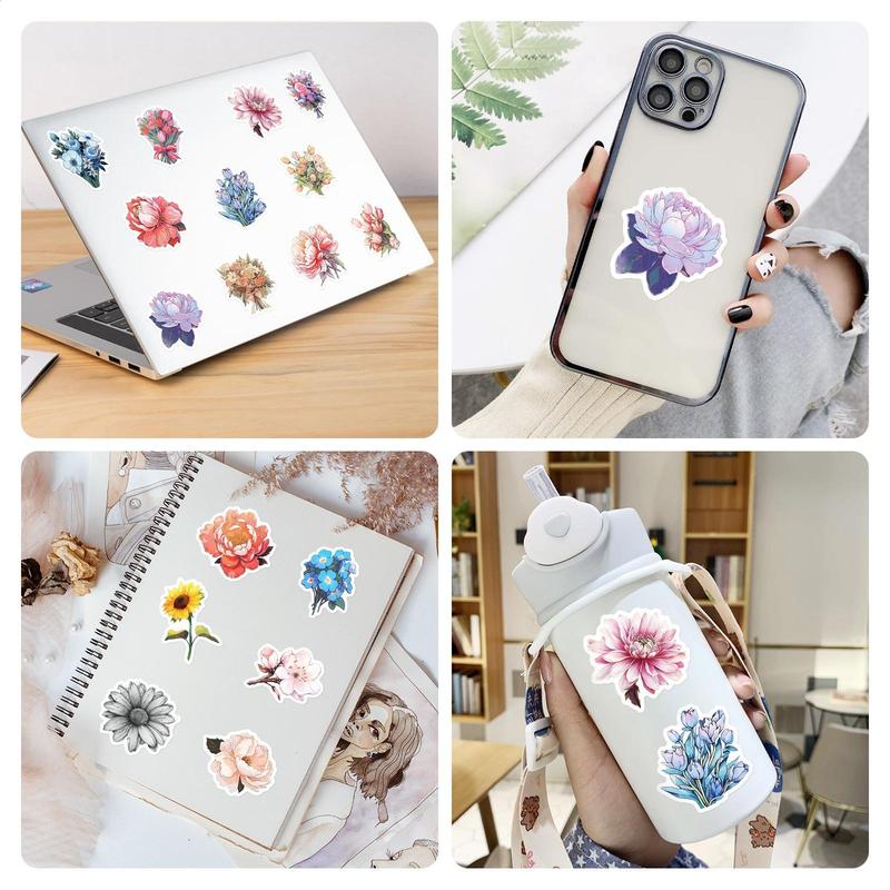 50pcs Flower Pattern Sticker, Scrapbooking & Journal Making Material Paper, DIY Decorative Sticker For Stationery Computer Water Bottle