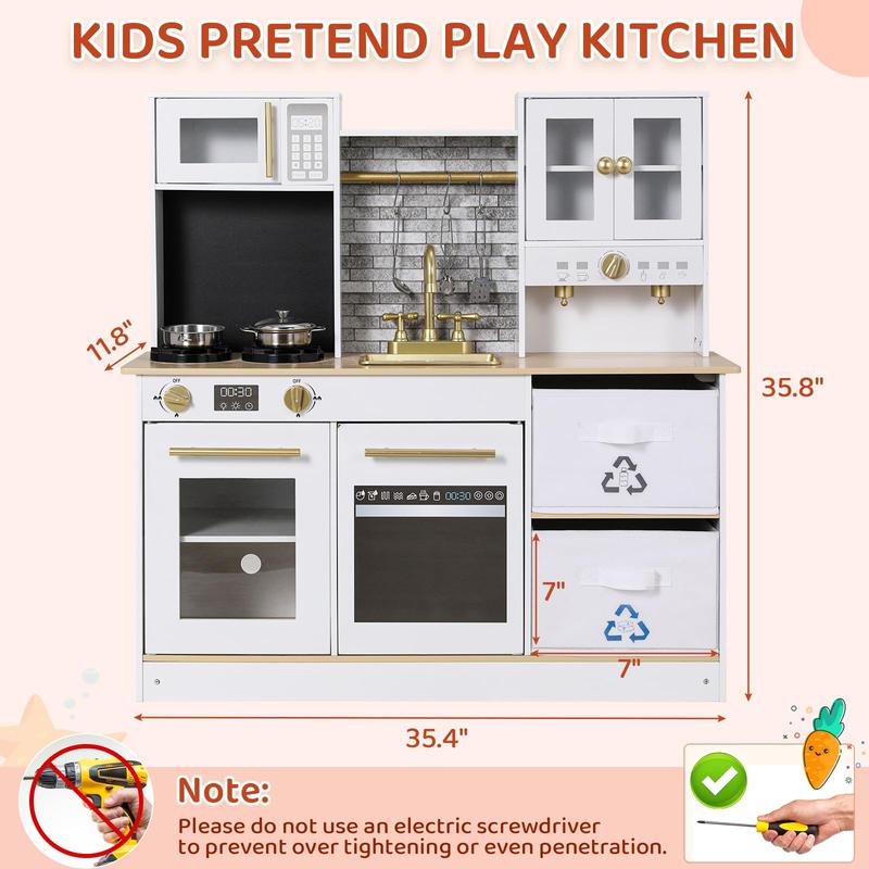 Wooden Pretend Kids Play Kitchen, Toodler Cooking Playset, Stove w Light & Sound, Sink, Microwave, 2 Fabric Boxs, Dishwasher