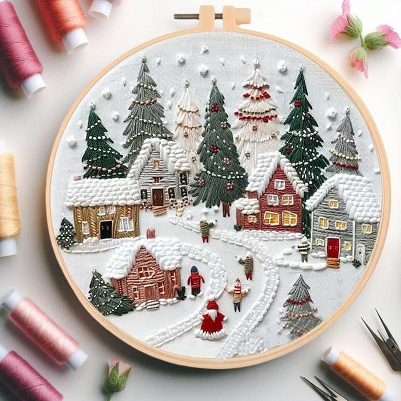 Christmas Snow Landscape Pattern DIY Embroidery Kit, 1 Set Embroidery with Hoop Suture Practice Kit for Adults, Handmade Unfinished Products Gifts, Christmas, Christmas Gift