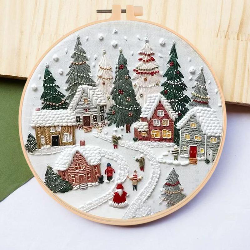 Christmas Snow Landscape Pattern DIY Embroidery Kit, 1 Set Embroidery with Hoop Suture Practice Kit for Adults, Handmade Unfinished Products Gifts, Christmas, Christmas Gift