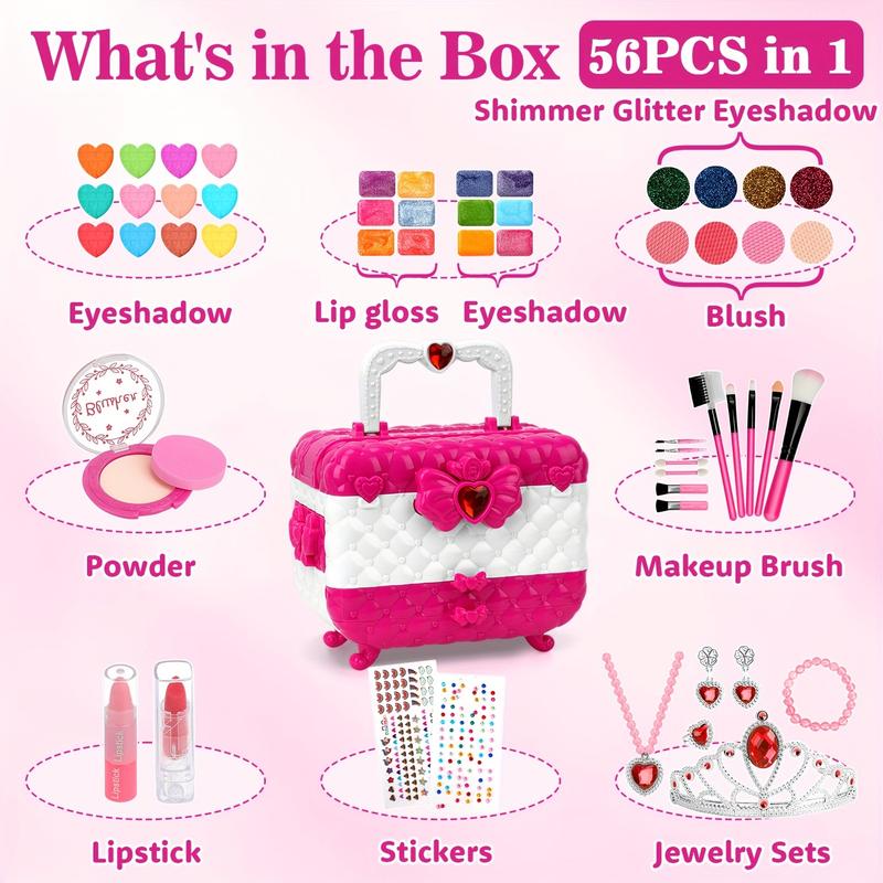 56 PCS Deluxe Kids Makeup Kit - Makeup & Jewelry Sets for Girls, Washable Real Makeup, Toddler Dress Up Play Jewelry Set with Princess Accessories