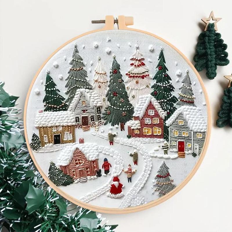 Christmas Snow Landscape Pattern DIY Embroidery Kit, 1 Set Embroidery with Hoop Suture Practice Kit for Adults, Handmade Unfinished Products Gifts, Christmas, Christmas Gift